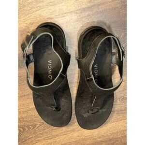 Vionic Terra Toe Post Sandals, Black Leather, Women's 10